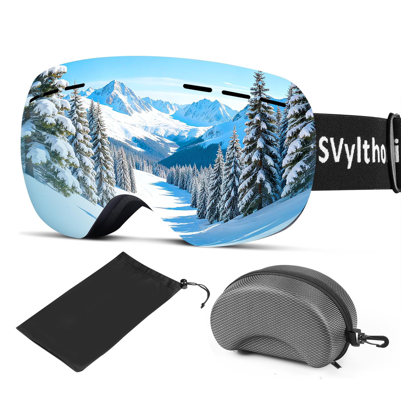 Srebrne gogle narciarskie z torbą do przechowywania i etui, gogle snowboardowe dla mężczyzn, kobiet, młodzieży, 100% ochrona przed promieniowaniem UV, przeciwmgielne