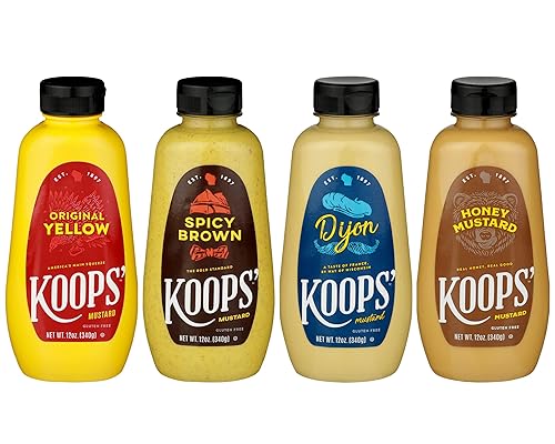Koops' Paquete variado clásico de mostaza, amarillo original, marrón picante, dijon y mostaza de miel, sin gluten, kosher, fabricado en Estados disponible en Yaxa Colombia