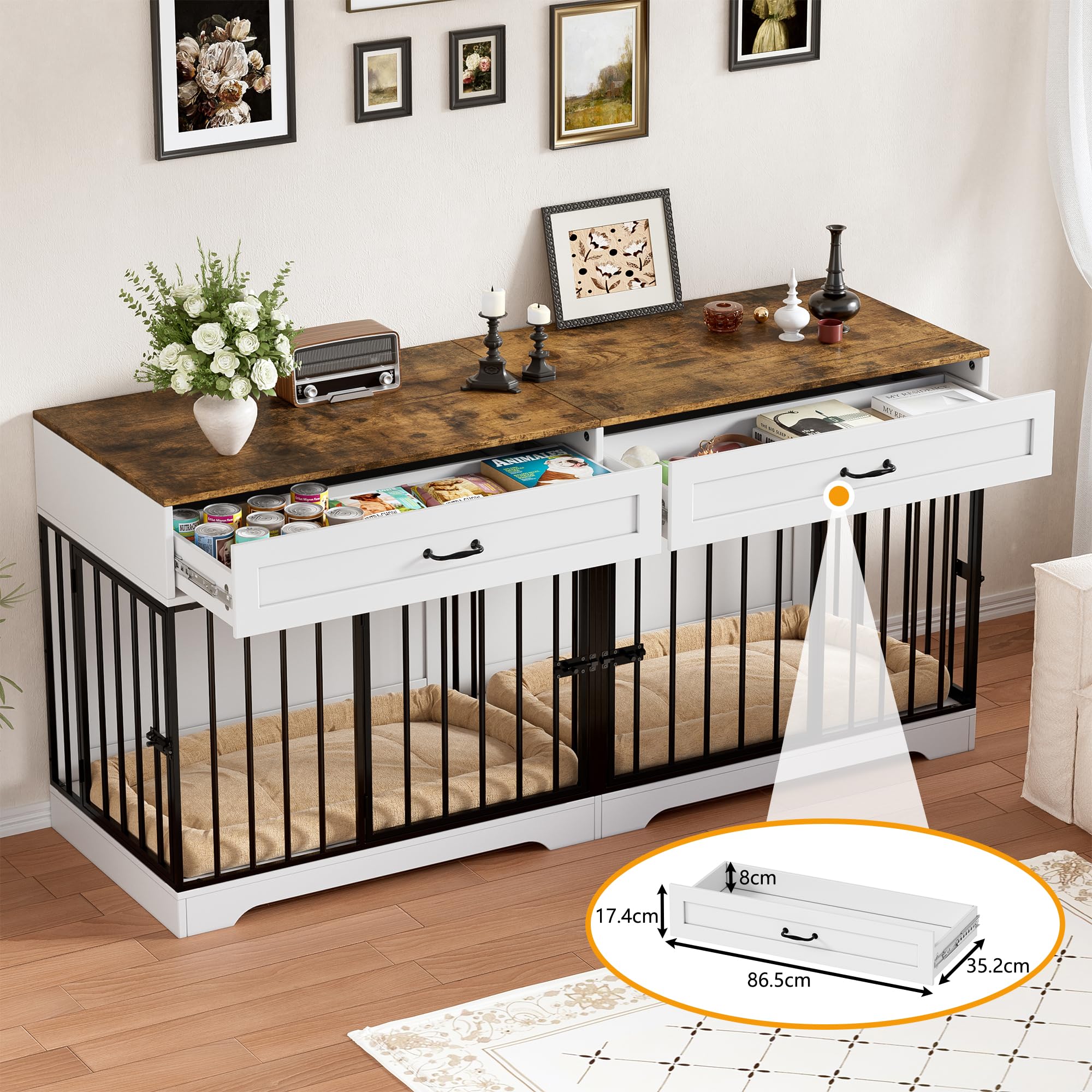 Jaula para Perros Grandes Interior Estilo Mueble Casa para Perros con 2 Cajones Caja para Perros Grande para Casa de Madera Jaula Mueble de Madera para Perro XXL, hasta 100KG, 178x58x85CM