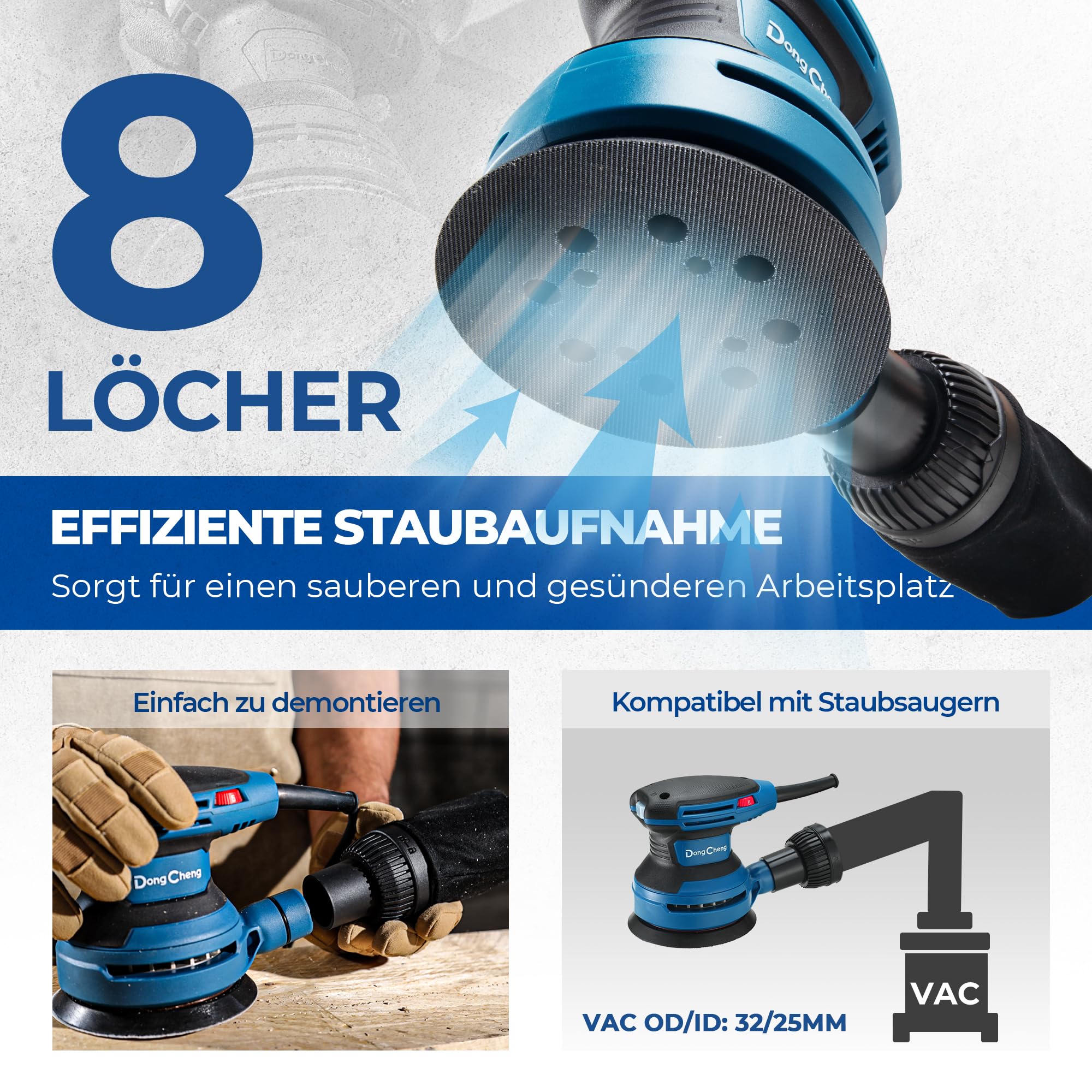 DongCheng Exzenterschleifer 380W, 125mm Schleifmaschine, 6-stufig 8.000-12.800 U/min, vibrationsarm, mit Staubfangbehälter & Staubsaugeranschluss, inkl. 20 Schleifblättern (versch. Körnungen) für Holz