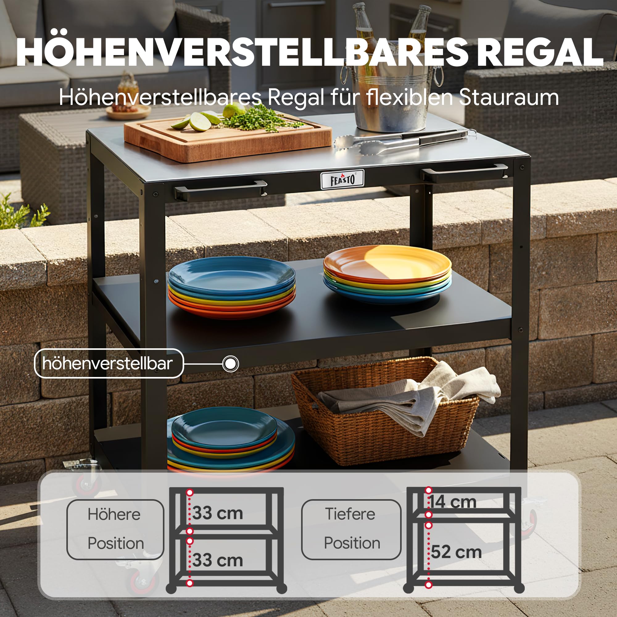 Grillwagen Outdoor Grilltisch Outdoor Pizzatisch Servierwagen outdoor | 90x65x83 cm Pizzaofen Tisch mit Edelstahlplatte, höhenverstellbaren Zwischenboden, für Küche, Terrasse, Buffet, Party