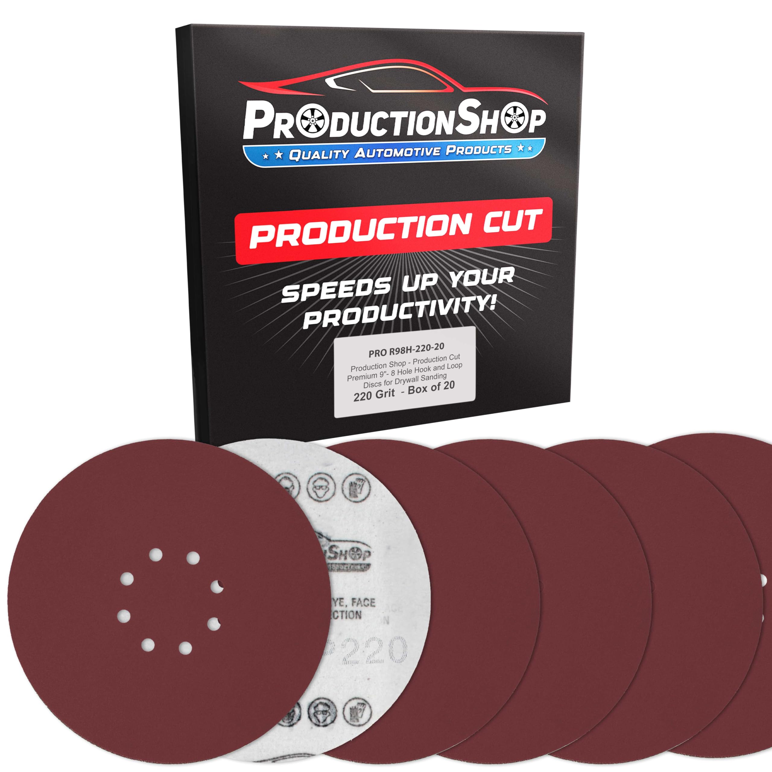 ProductionShop Premium 9" Red 8-Hole Pattern 220 Grit Sanding Discs, Box of 20 - Dustless Hook & Loop Backing Sandpaper for Drywall Power Sanders,