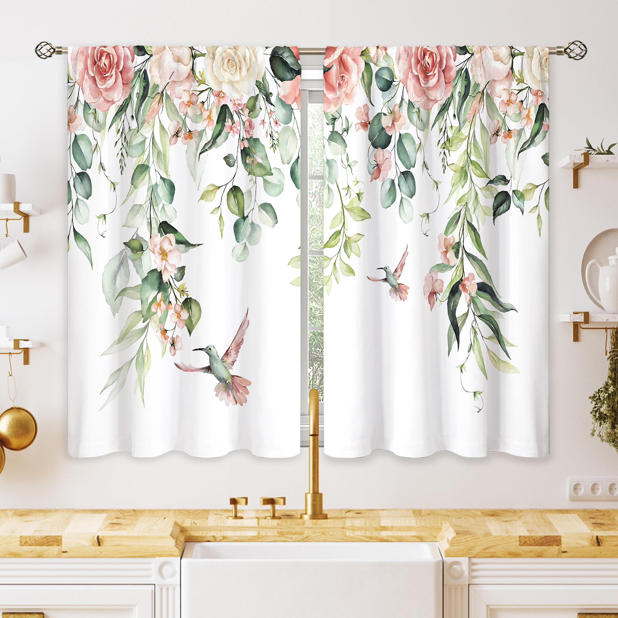 oolygoo Pink Flower Small Kitchen Curtains Floral Eucalyptus Botanical Plant Window Treatment Spring Hummingbird Short Window Curtains for Bathroom Room Green Leaf Tier Treatment Drapes 27.5x39 inch