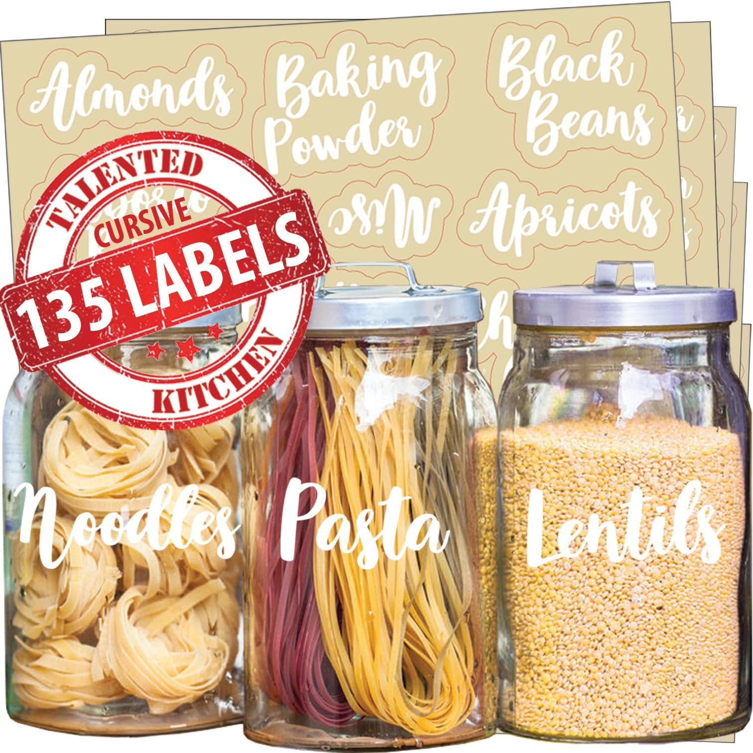 Talented Kitchen Pantry Labels for Jars, Canisters, Containers for Storage and Organization Product Accessories for Bathroom, Laundry Room, Office Cursive Pantry, 110 White Labels