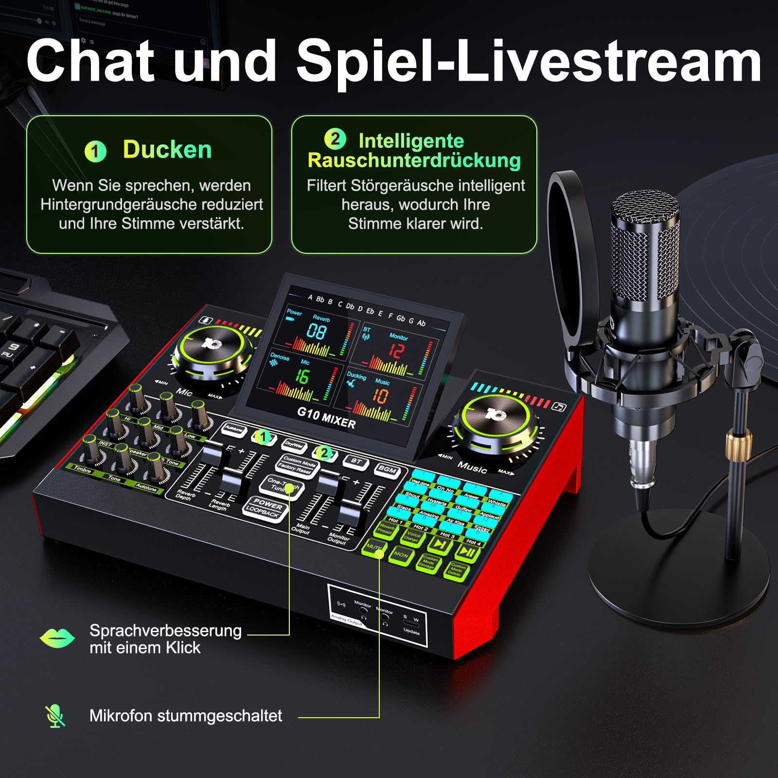 Podcast-Mikrofon-Set mit G10 Audio-Mixer & P15 Kondensatormikrofon | Geeignet für Livestream, Gesang, Gaming & Stimmveränderung an PC/Mobilgerät mit integrierter Geräuschunterdrückung
