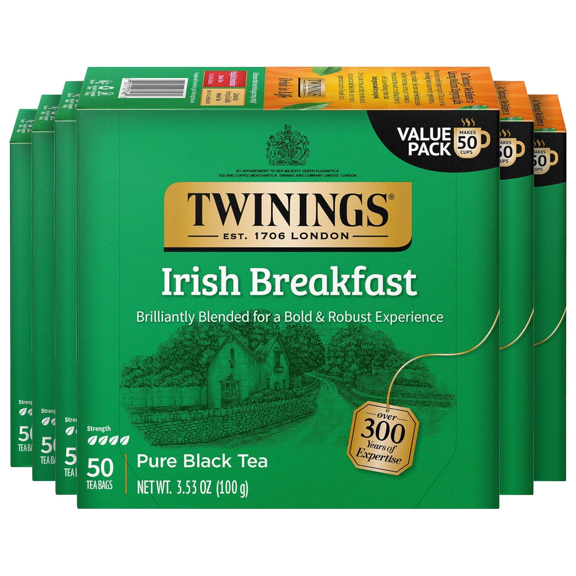 Twinings of London Irish Breakfast Black Tea Bags, 50 Count (Pack of 6)