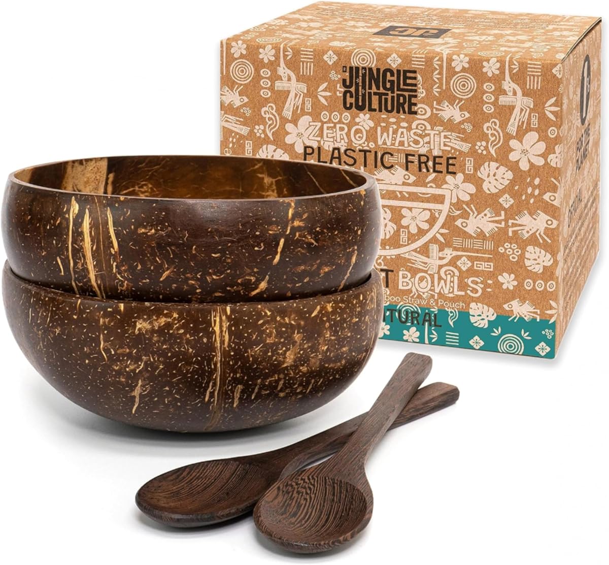 Jungle Culture Juego de 2 cuencos de coco pulido y cucharas de madera con pajitas de bambú • Tazones de yogur y batidos naturales ideales para Ninja Creami • Buda de cáscara de coco saludable y acai • Regalos veganos ecológicos