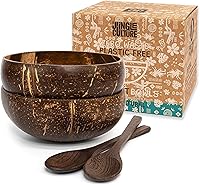 Jungle Culture 2 Polished Coconut Bowls with Wooden Spoons & Bamboo Straws - Eco-Friendly Smoothie Acai Buddha Bowls, Vegan Gifts