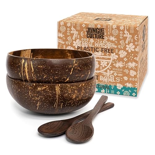 Jungle Culture 2 Polished Coconut Bowl & Wooden Spoons Set with Bamboo Straws • Natural Yoghurt & Smoothie Bowls Ideal for Ninja Creami • Healthy Coco Shell Buddha, Acai • Eco Friendly Vegan Gifts