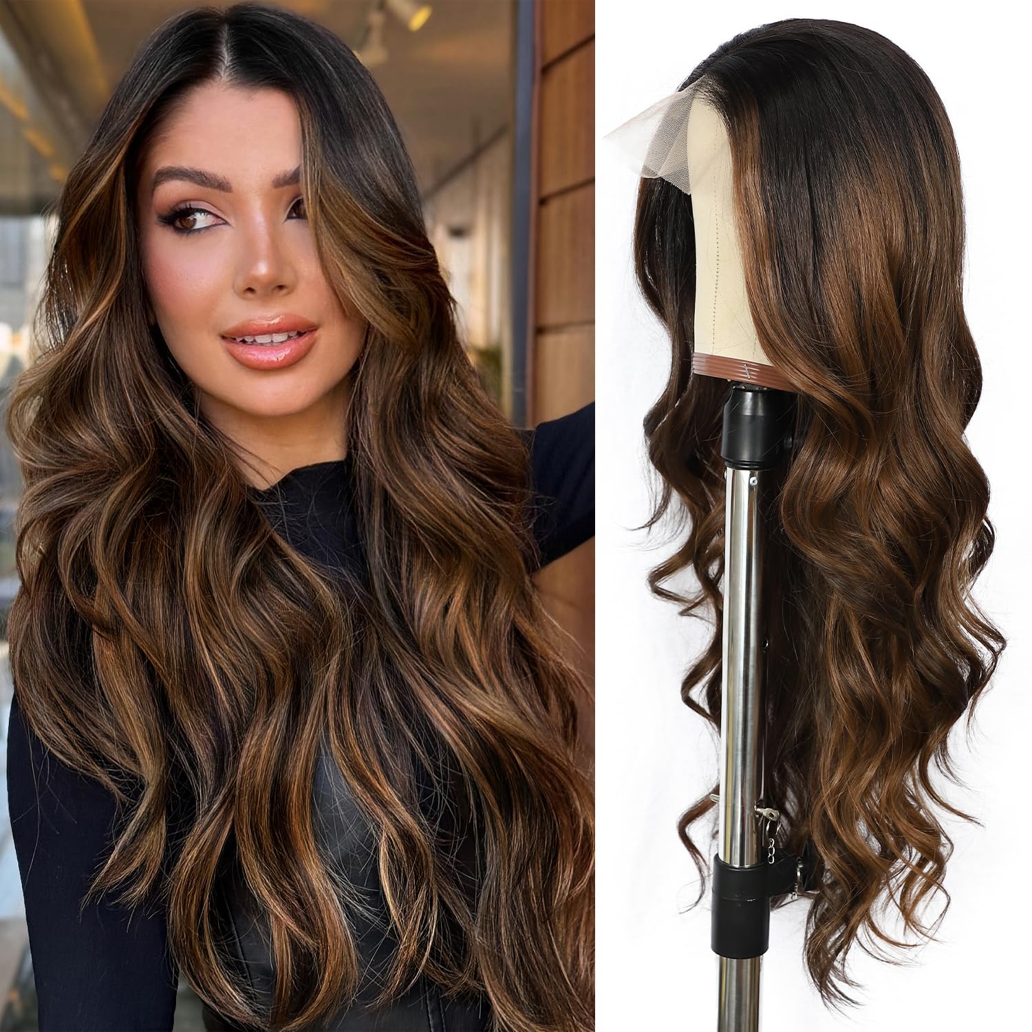 Ombre Dark Brown Wavy Wig for Women, 13x4 Transparent Lace Front Long Dark Brown Wigs Middle Part Wavy Natural Looking Synthetic Heat Resistant Fiber for Daily Party Use 26 Inch