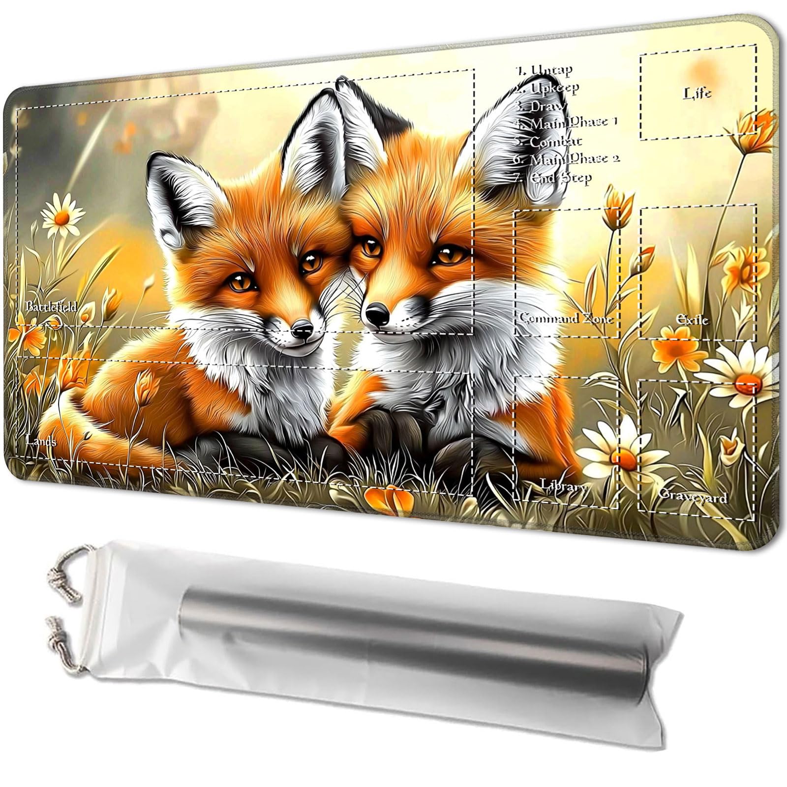 Playmat for MTG, Game Mat 24 x 14 inches, with Free Storage Bags, TCG and Board Game Mat for Cards, Ideal for Card Game Enthusiasts, Two Cute Fox — image 1