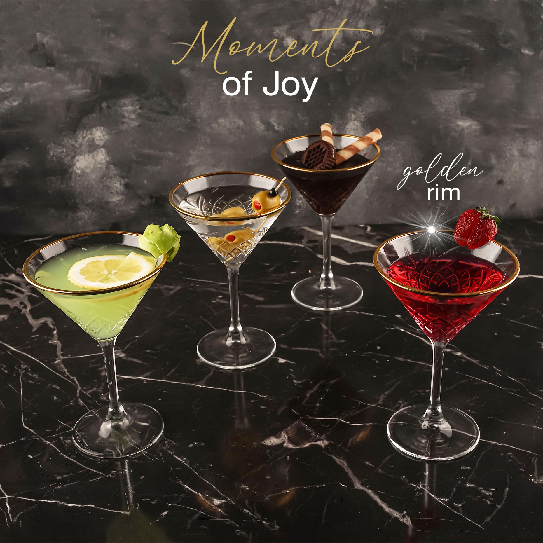 Zestaw 4 kieliszków do martini w stylu vintage, złote oprawki, szklanki do espresso martini, szklanki do Margarita, kieliszki Prosecco, kieliszki do szampana z długą łodygą (230 ml)