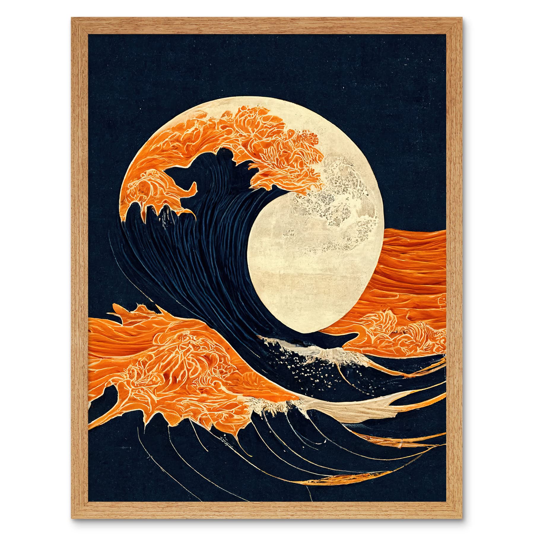 Wee Blue Coo The Great Wave at Full Moon Modern Japanese Seascape Woodblock Art Print Framed Poster Wall Decor 12x16 inch