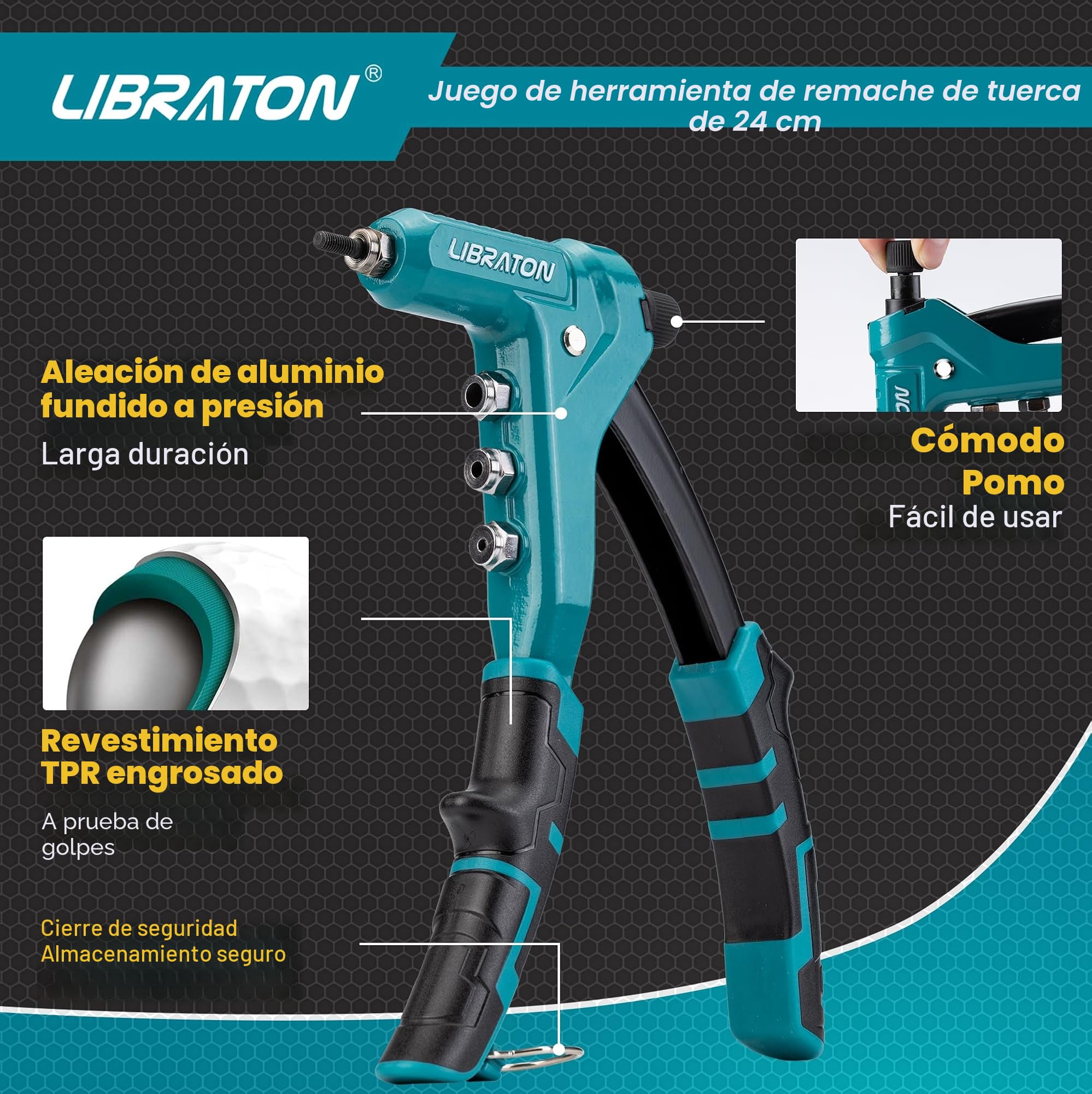 LIBRATON Remachadora de Tuercas, 9.5" Pistola de Tuercas, Herramienta de Tuerca de Remache con 40 Piezas Tuercas y 4 Mandriles Intercambiables M3, M4, M5, M6, Remachadora de Tuerca Profesional