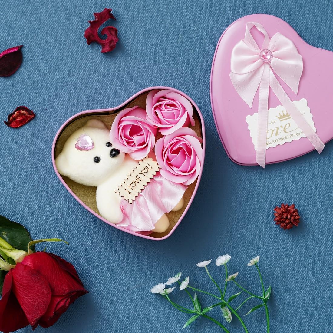eCraftIndia Valentine Gift for Girlfriend Boyfriend | I Love You Teddy Bear Pink Roses Heart Shaped Gift Box | Valentine Day Gift for Husband Wife Her Him | Valentine Day Decoration Items