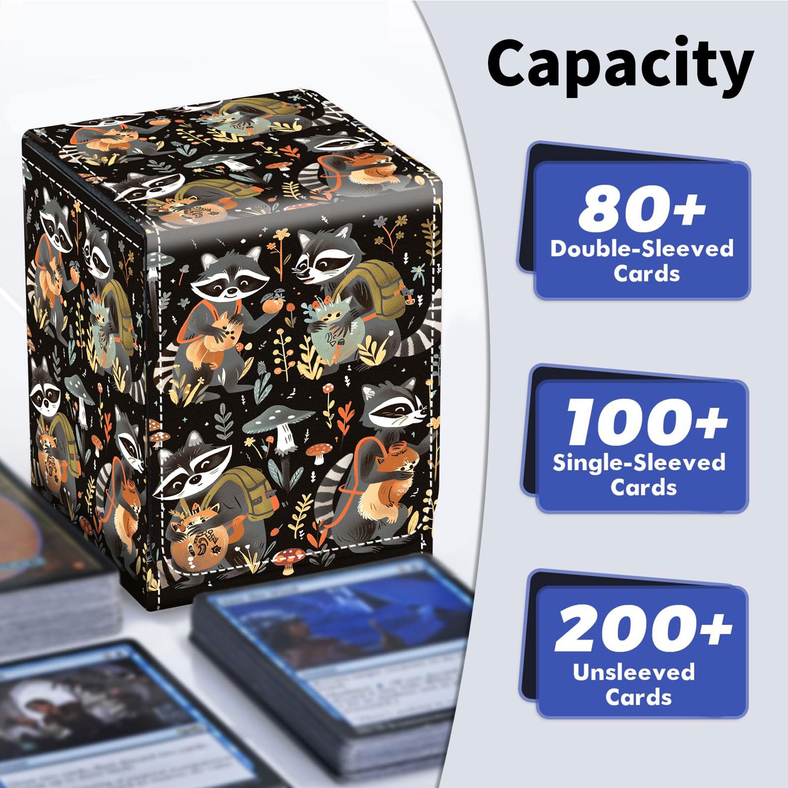 Amazon.com: Qindaiwen Card Deck Box for Trading Cards, MTG Deck Box Fits  100+ Single Sleeved Cards, PU Leather Strong Magnet Card Deck Case Holder  for Magic Commander TCG CCG, Cute Raccoons :