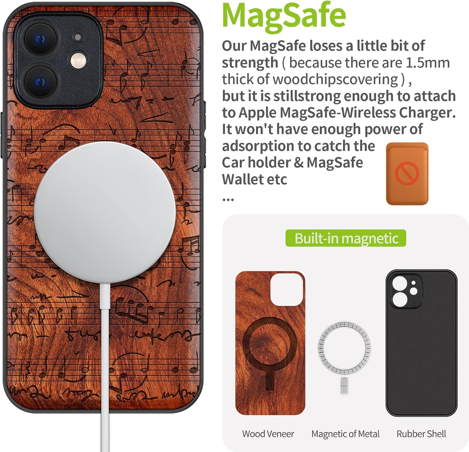 Carveit Magnetic Wood Case for iPhone 12 Mini Case [Natural Wood & Black Soft TPU] Shockproof Protective Unique & Classy Wooden Cover Compatible with MagSafe (Sheet Music-Rosy)