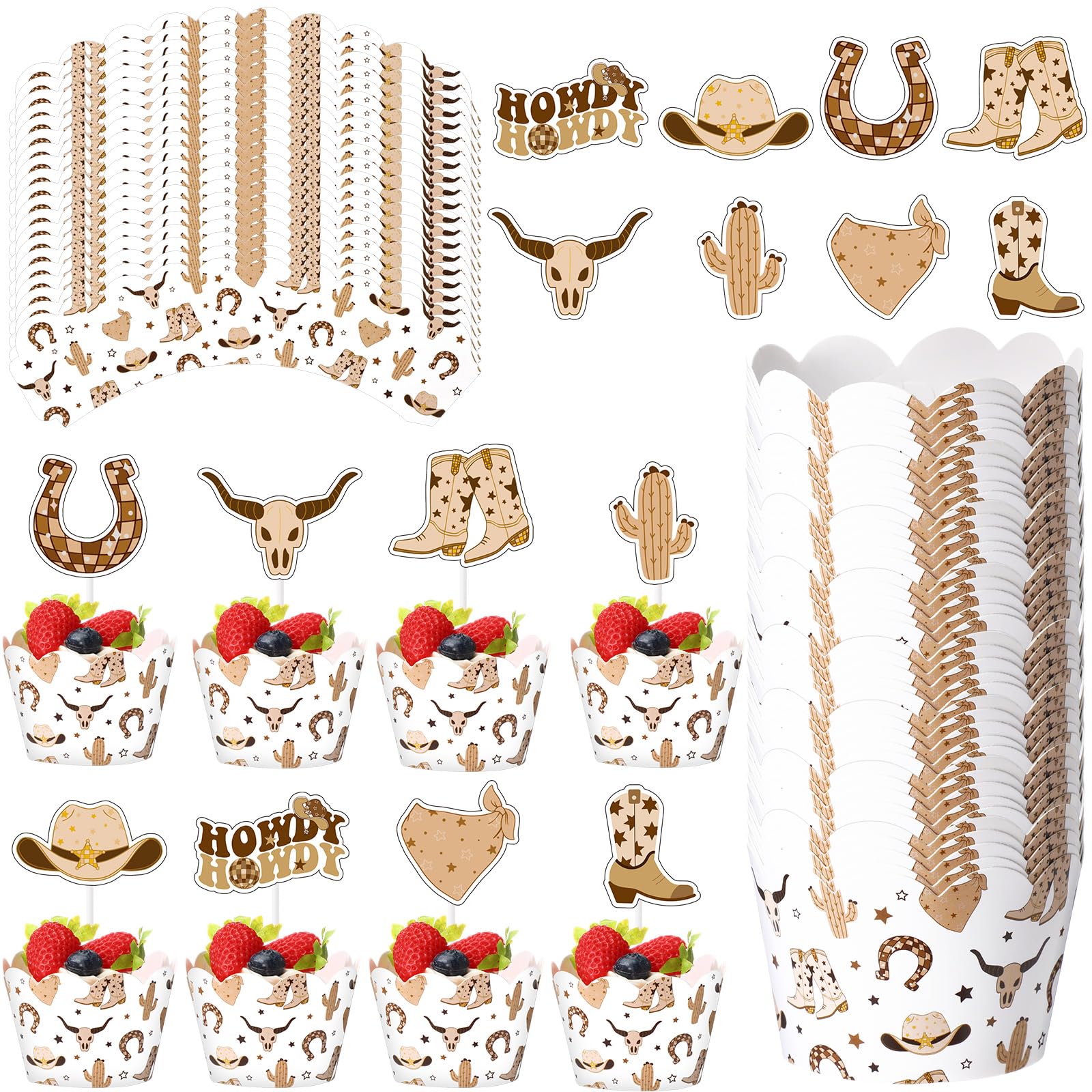 Widecook 96 Pcs Cowboy Cupcake Toppers and Wrappers Western Theme Cake Decorations Retro Wild West Cowboy Paper Cupcake Liner for Baby Shower Birthday Party Supplies — image 1