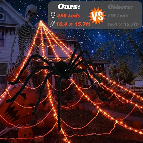Miniatura 8 de Decoración de telaraña de Halloween con 250 luces LED, telarañas para decoración de Halloween al aire libre con araña grande de 59 pulgadas y