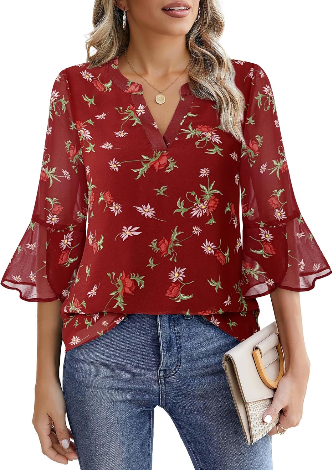VALOLIA Womens 3/4 Sleeve Tops Dressy Casual Chiffon Blouses Floral Print V-Neck Work Office Shirts - Image 6