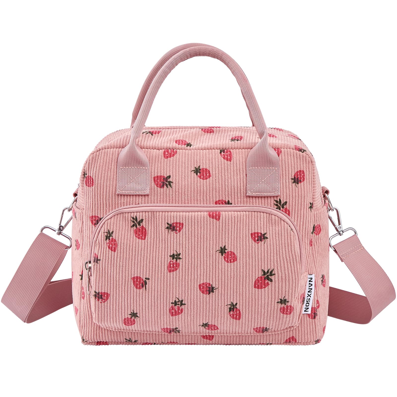 Nanxson Insulated Lunch Bag 12L Large Capacity Reusable Lunch Box Cute Corduroy Cooler Tote Bags Soft Cooling Tote for Work Picnic or Travel for Women Men(12L,Pink Strawberry)