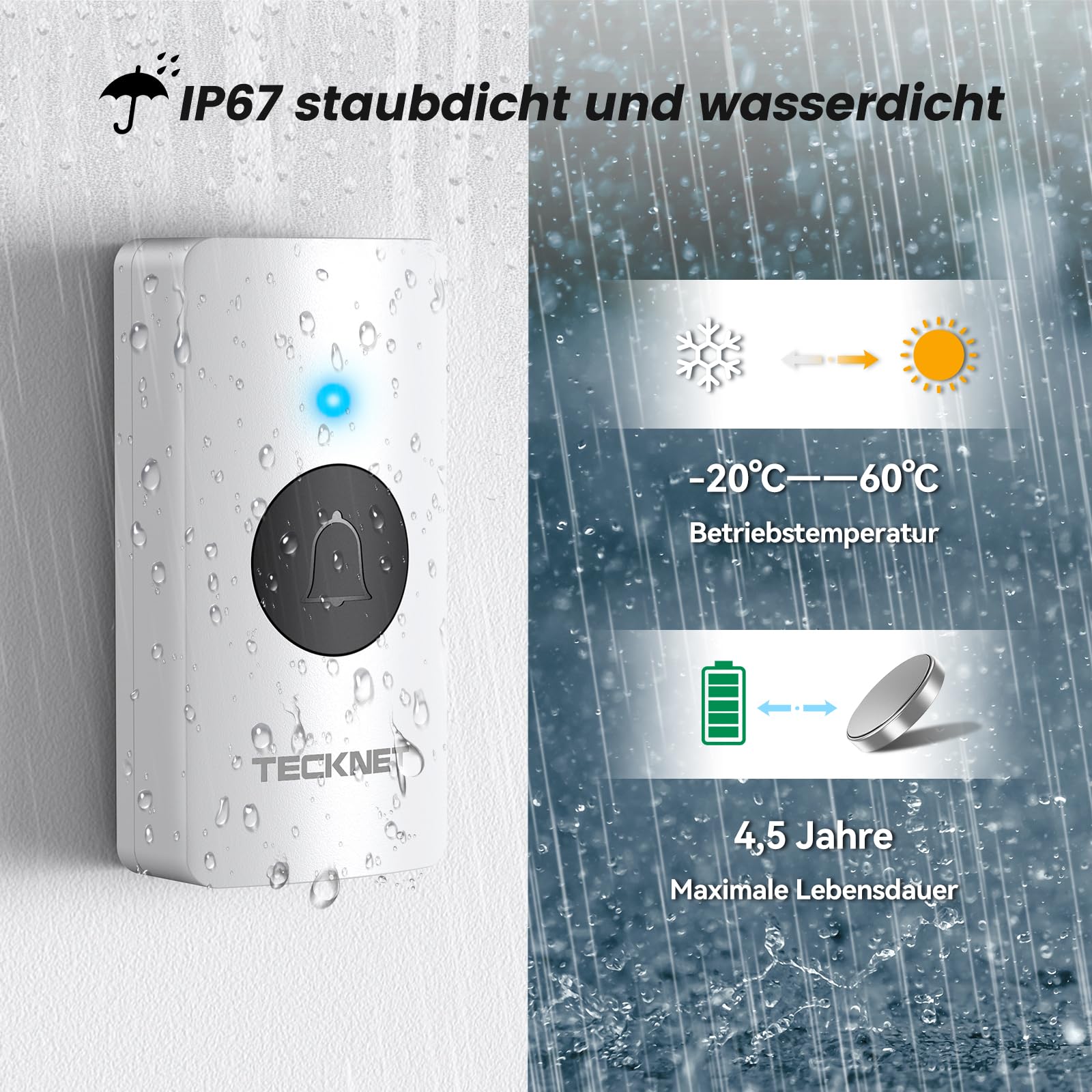 TECKNET Funkklingel, Batteriebetriebene Türklingel mit 4 Empfängern & 2 Sendern, Haustür Klingel Set 400 m Reichweite, IP67 Funkklingel Aussen Wasserdicht, 5 Lautstärkestufen und 60 Melodien, Weiß