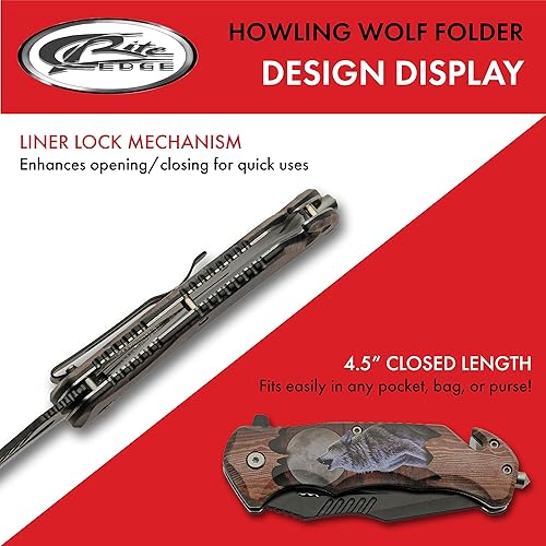 Miniatura 4 de SZCO Supplies Cuchillo plegable de rescate con bloqueo abierto asistido de 8 pulgadas con estampado de lobo, multicolor, (300556-WF)