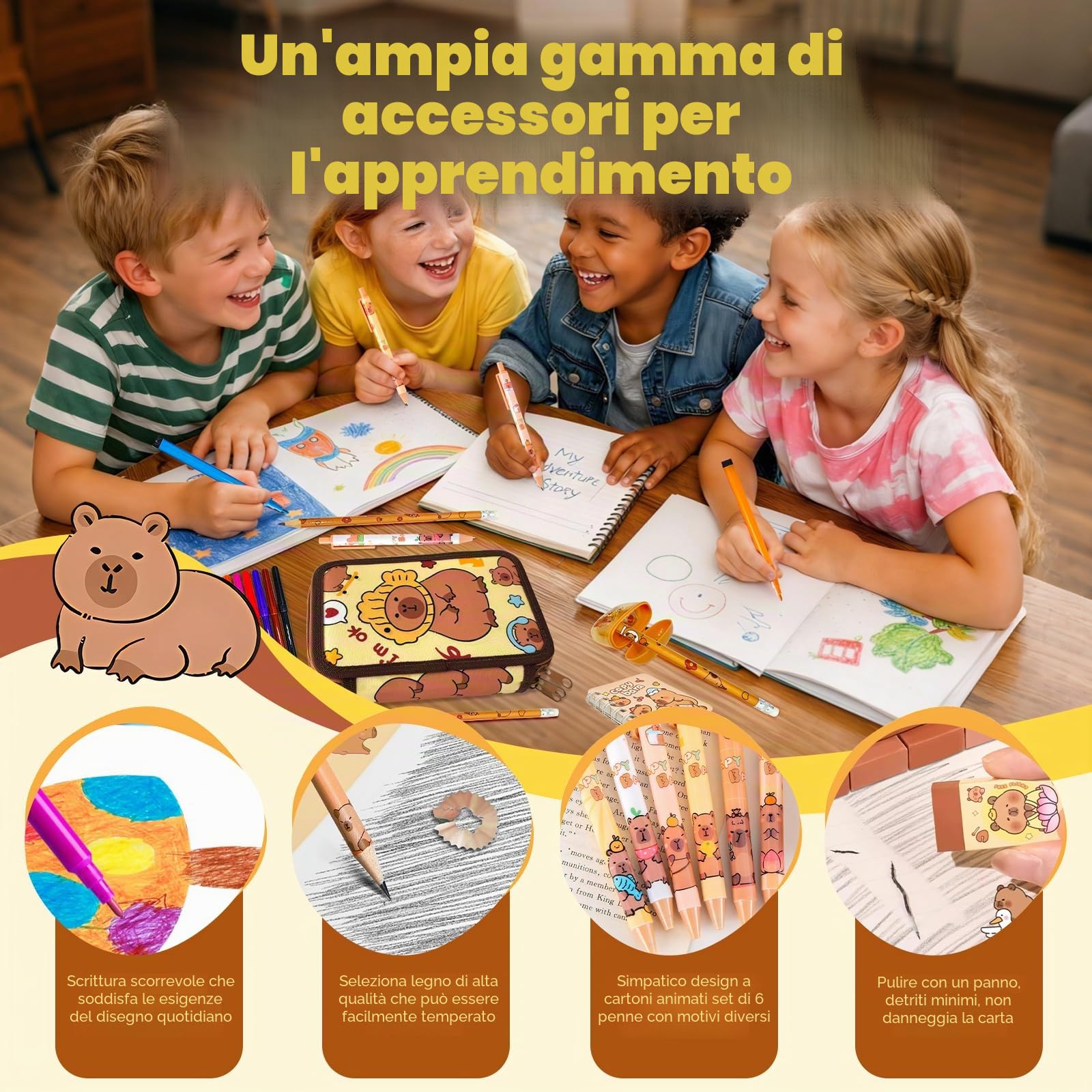 Capybara, set di 47 astucci per ragazzi e ragazze, 3 scomparti, astuccio con set di articoli di cancelleria, astuccio per la scuola, astuccio capybara