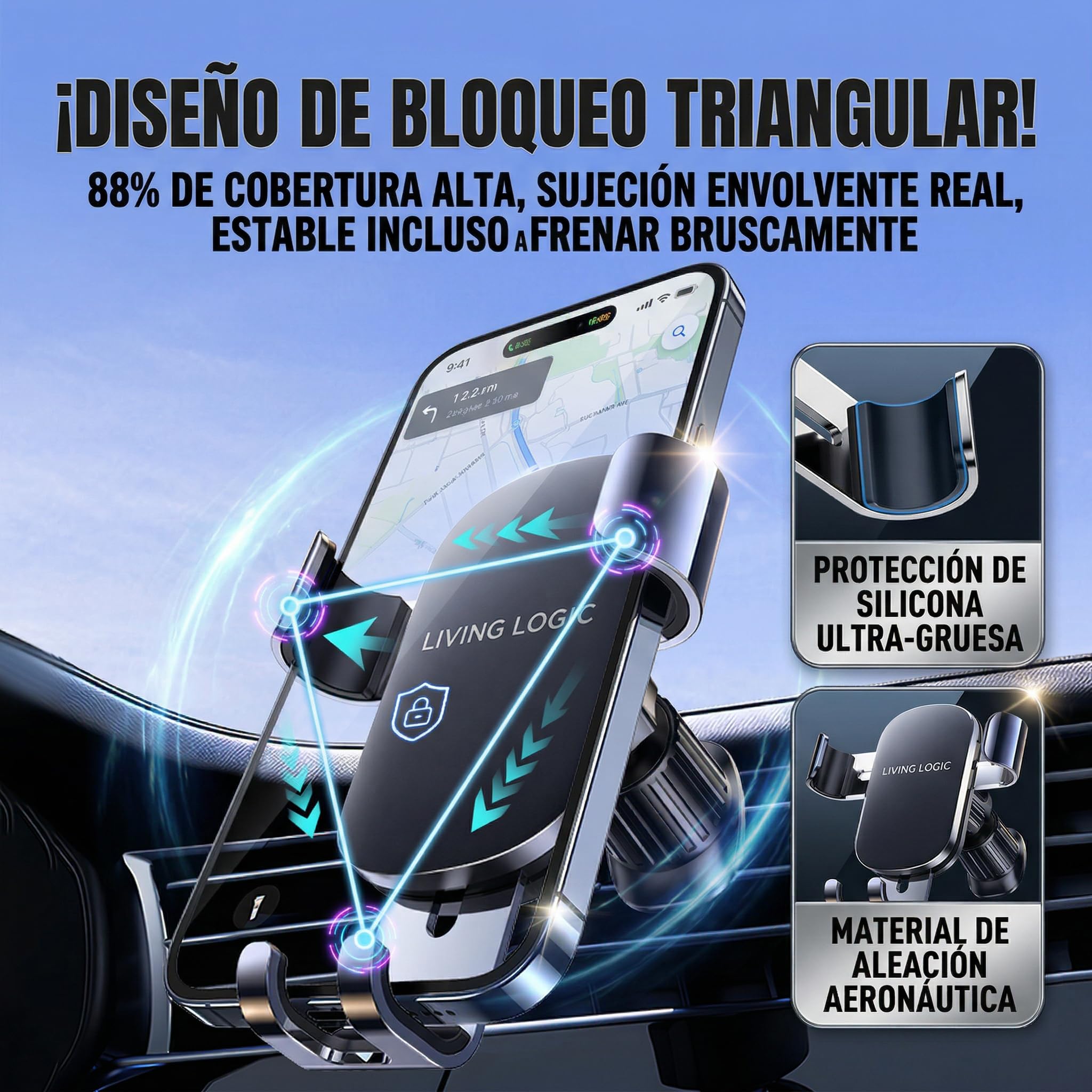 Soporte Móvil Coche Rejilla con Gancho Metálico, Soporte Teléfono Coche 360° con Una Mano, Porta Móvil Coche Universal Compatible iPhone y Android + Rompe Lunas y Corta Cinturón