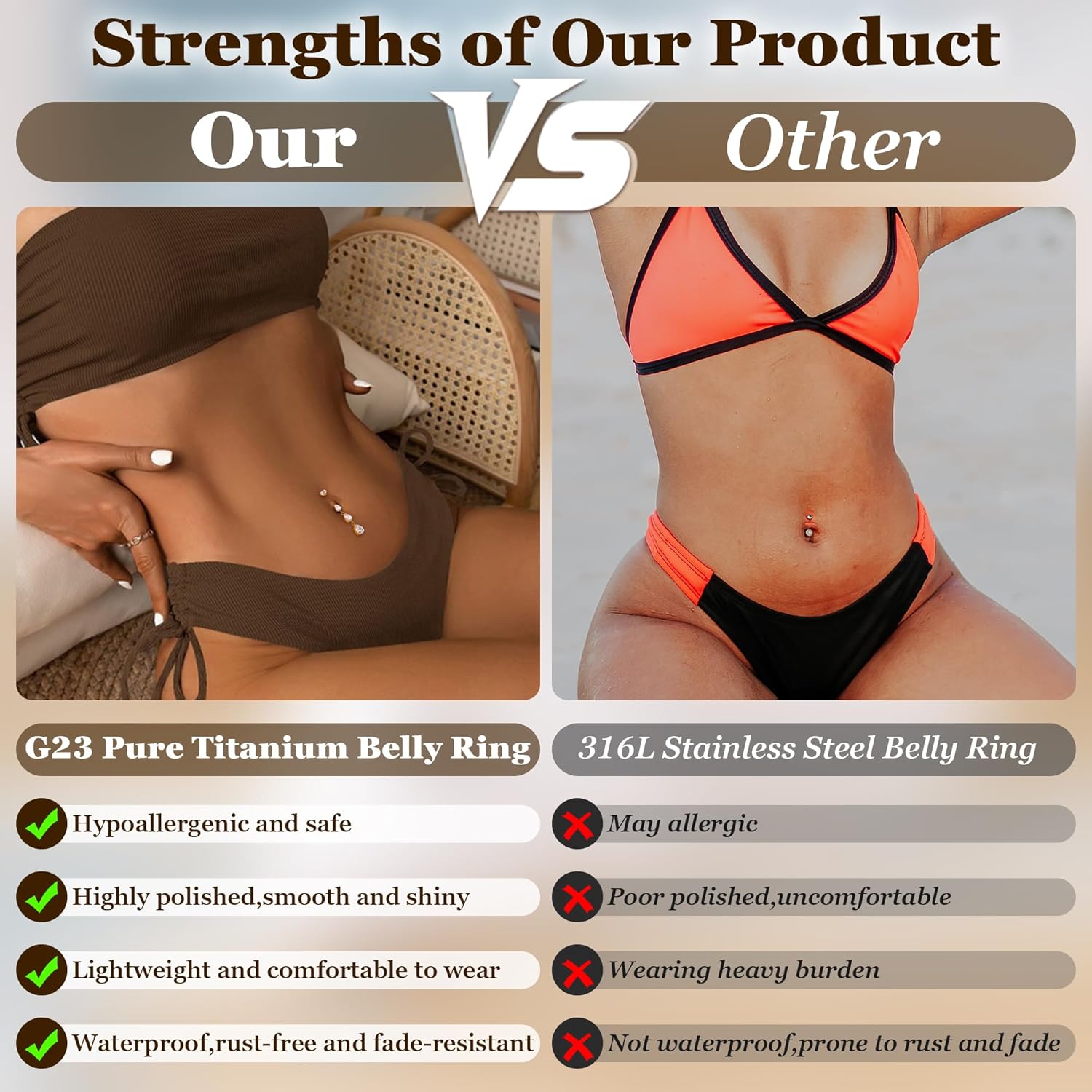 14G G23 Pure Titanium Dangle Belly Button Ring for Women Teardrop Belly Ring Barbell Dangling Clear CZ Navel Ring Hypoallergenic Navel Body Piercing Jewelry 10mm - Image 5