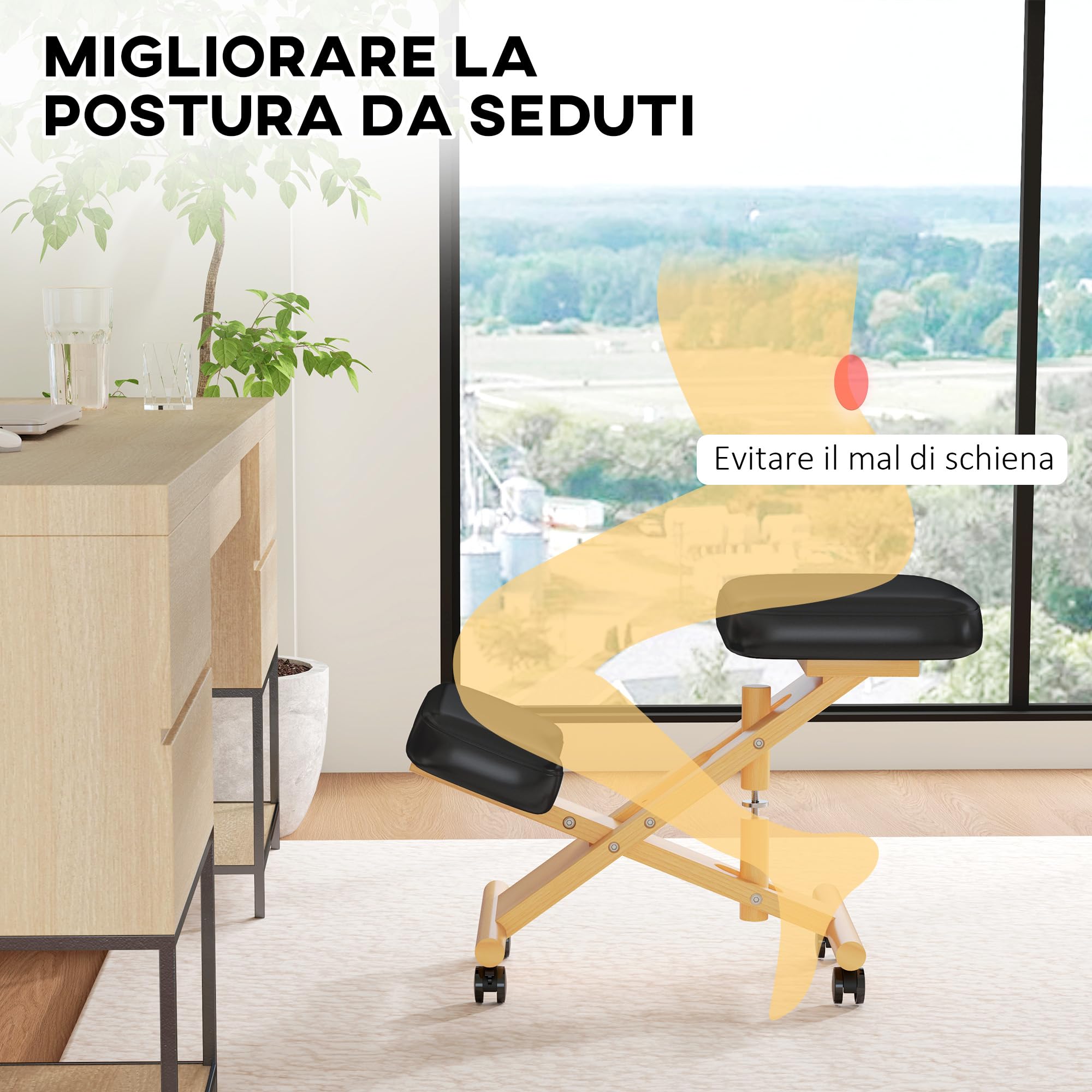 HOMCOM Sedia Ergonomica Inginocchiata, Sedia Posturale, Nero | Sgabello Ergonomico Inginocchiatoio, Legno di Caucciù, con Rotelle, Ufficio, Casa