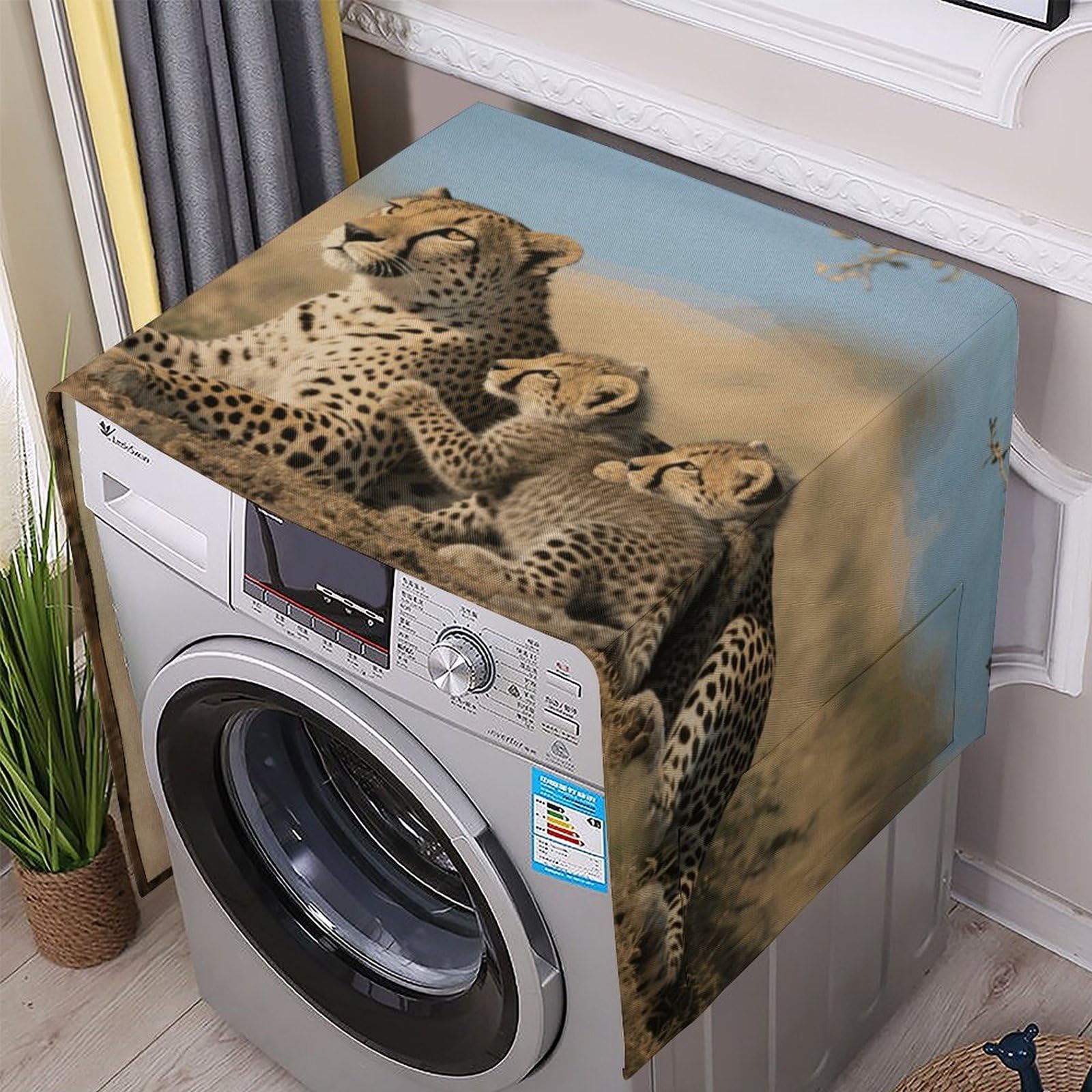 Fodpand White Washing Machine Cover For Top Load Dustproof Cheetah Washer And Dryer Cover With Storage Pockets Household Appliance Covers Washable Top Protector Mat Pad For Laundry & Kitchen