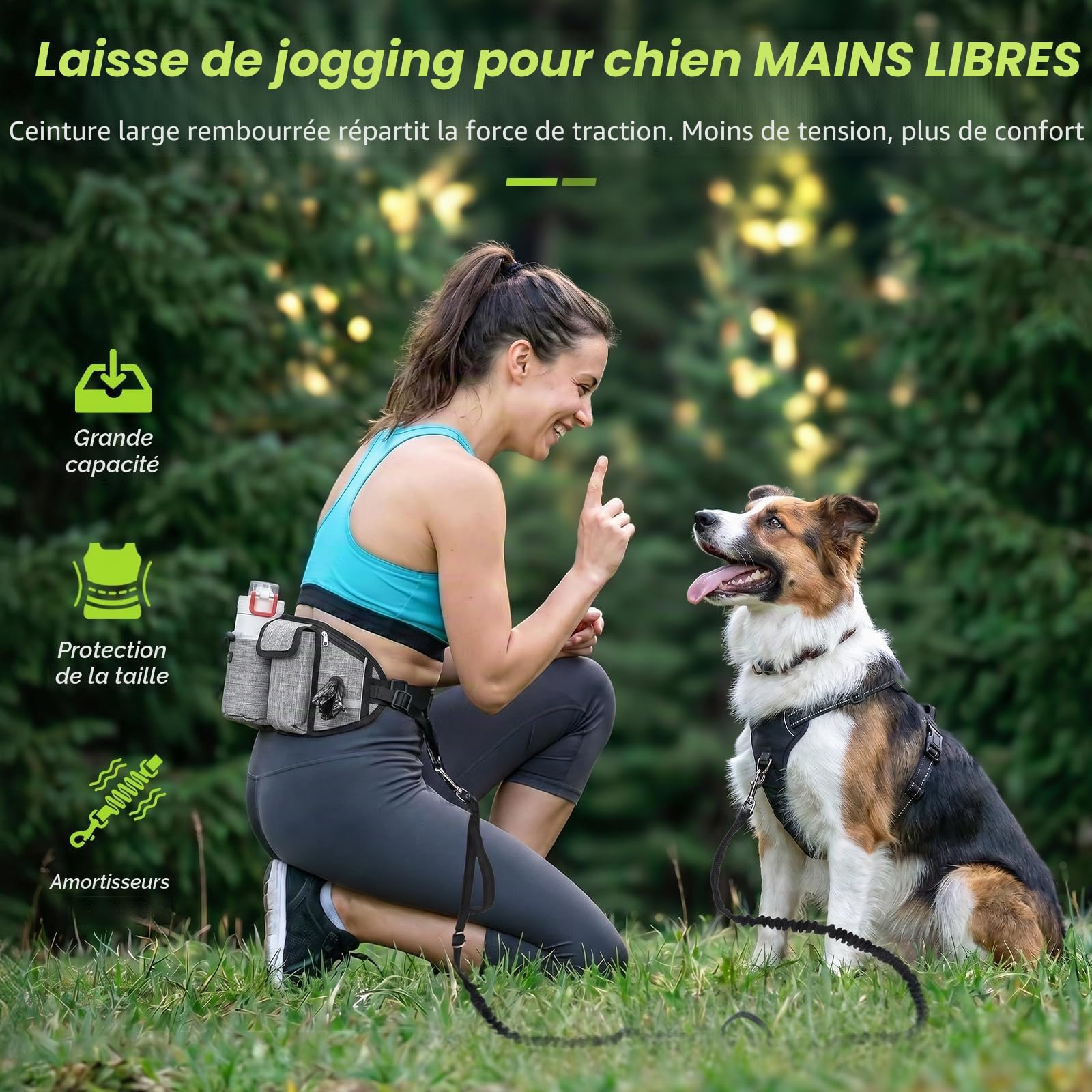 Pecute Laisse Canicross Chien Mains Libres Jusqu'à 50kg Absorption de Choc Couture Réfléchissante