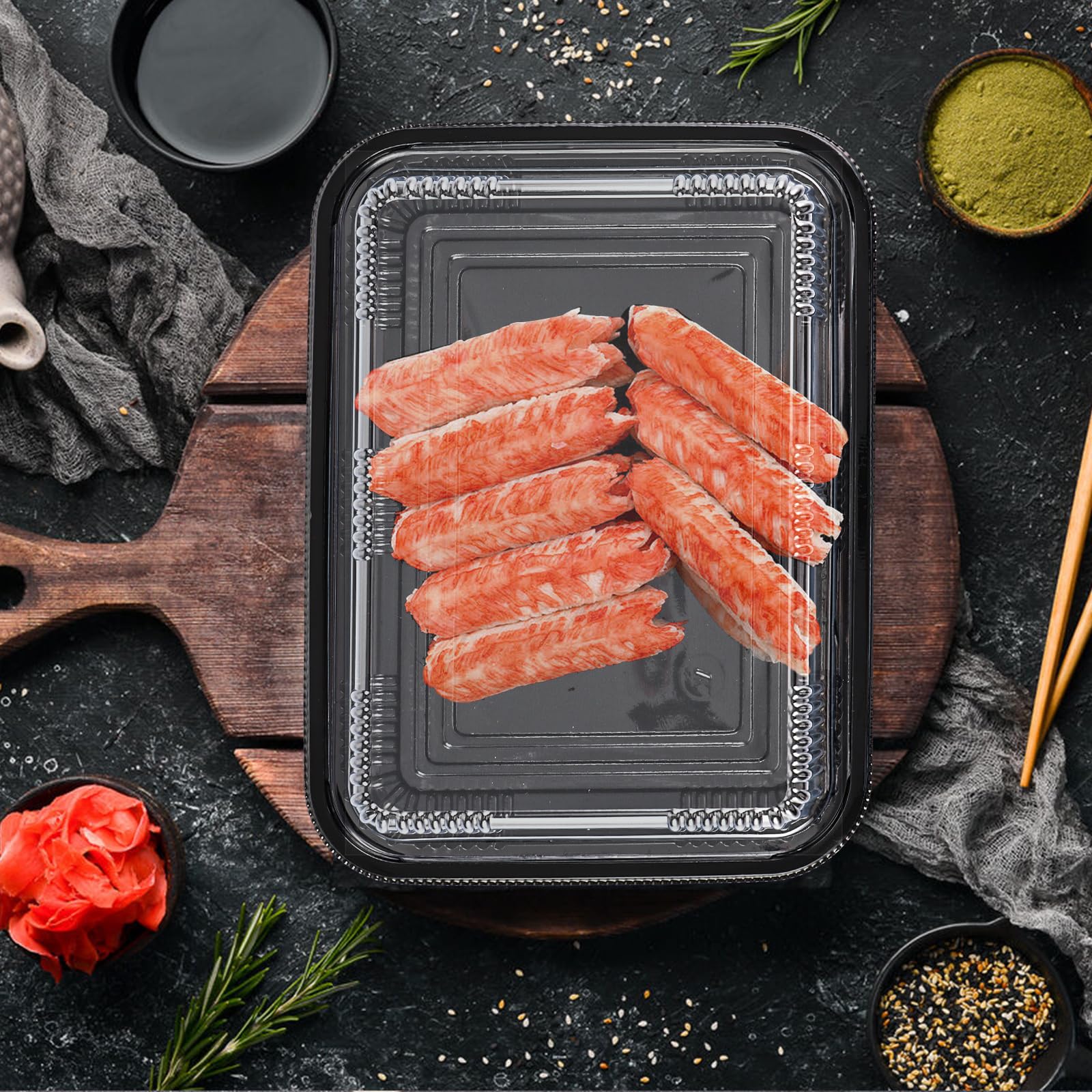 JMIATRY 20 bandejas de plástico reutilizables pequeñas para catering con tapas, 264 mm x 200 mm, bandejas para dulces y sándwich, recipientes de alimentos con base de patrón negro para fiestas y bufés