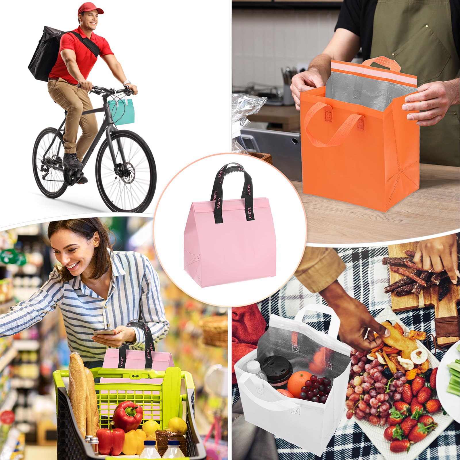 TIXIPEM Insulated Take Away Bags [20PCS] - Bulk Thermal Insulation Food Insulation Cooler Use for Hot Cold Food Frozen Deliver & Fresh Store Grocery Bags - [Tranquil Powder-9.4IN]