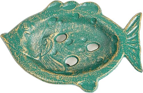 Sungmor Jabonera de hierro fundido resistente, jabonera vintage para fregadero de cocina y baño, bonita forma de pescado y bandeja de jabón de