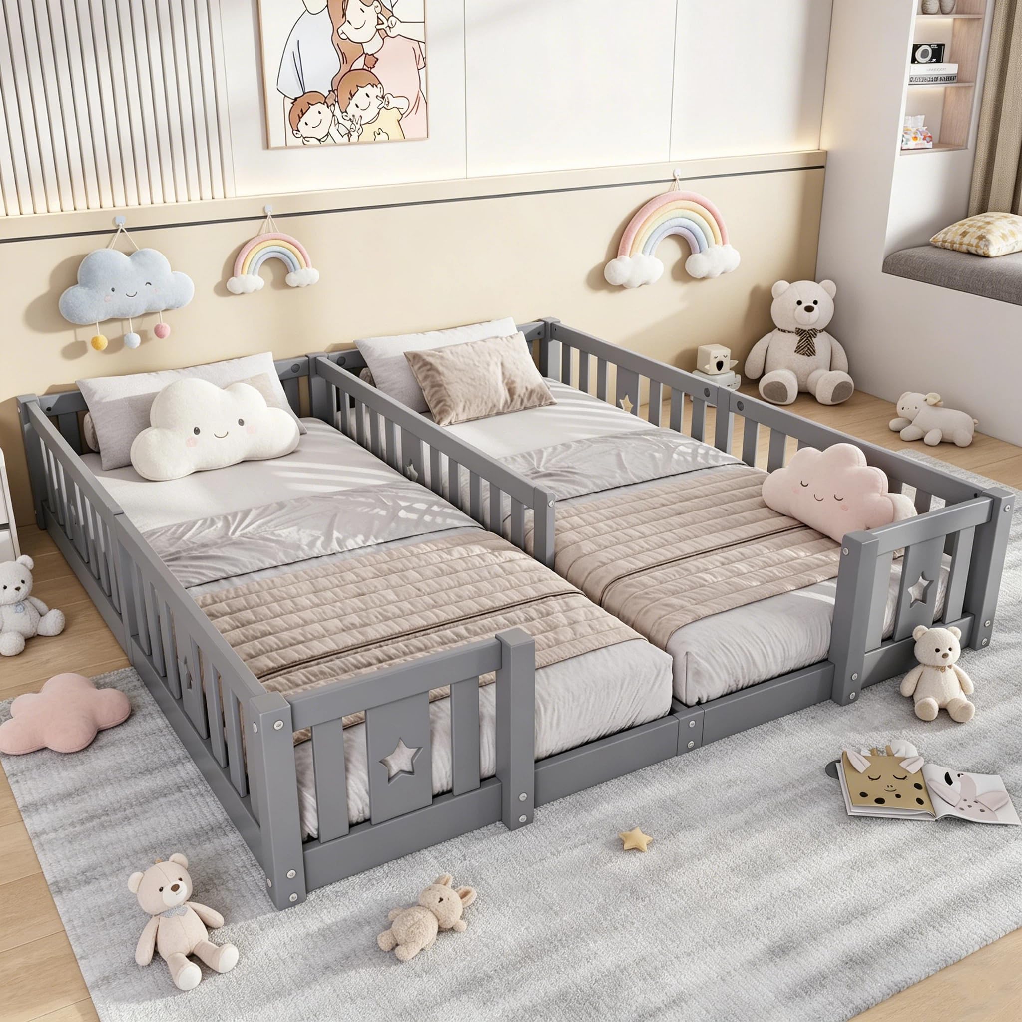 BRILVERDE Letto a terra per bambini 180x200 cm, struttura in legno massiccio con protezione anticaduta perimetrale – con rete a doghe, letto per bambini, letto per adolescenti, in legno di pino – per