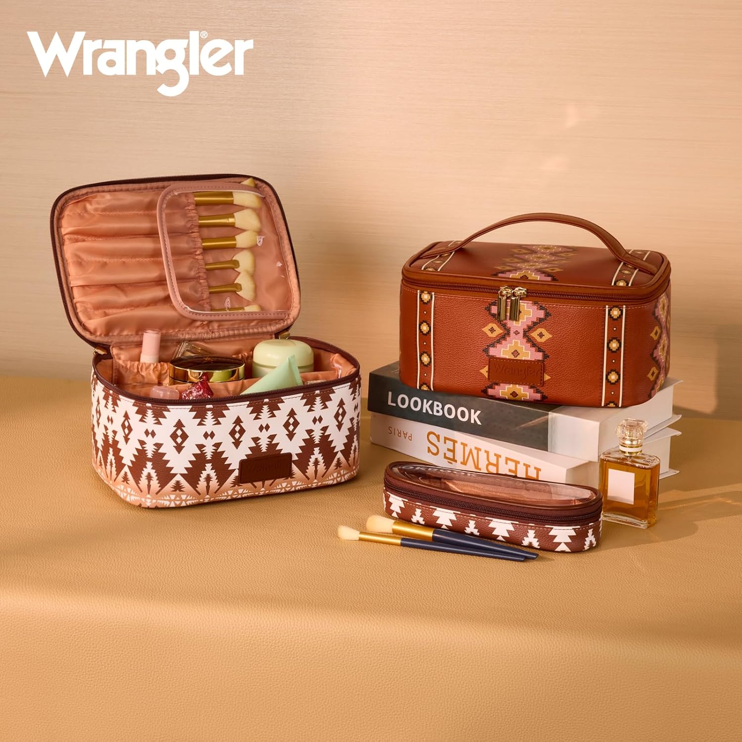 Montana West X Wrangler Travel Makeup Bag 2pcs Set Large Cosmetic Bag with Makeup Brush Holder Portable Make Up Organizer Cute Toiletry Bag with Divider and Handle for Women Aztec
