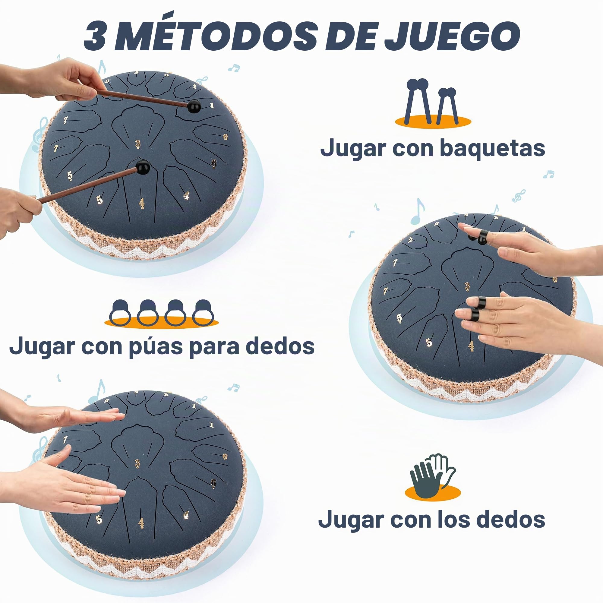 Steel Tongue Drum C Mayor, 12 Pulgadas 30 cm 15 Notas Handpan con Baquetas, Funda Protectora y Partituras Musicales, Tambor Percusion La Meditación y el Yoga, Azul Marino