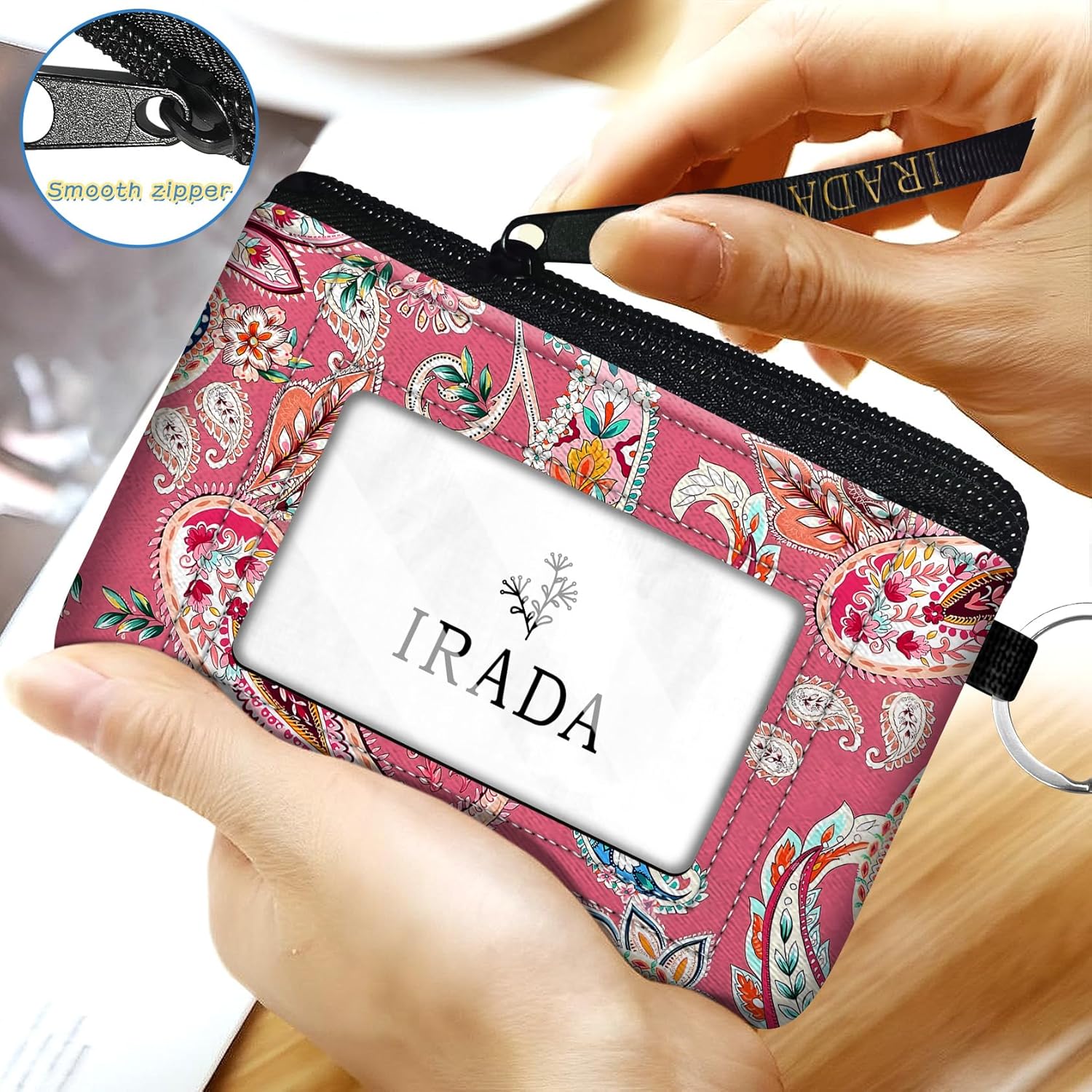 IRADA ID Case Wallet Keychain with Clear ID Window Zipper Cute Coin Purse for Women Water Resistant Small Coin Pouch-Pink Paisley Floral Keychain Wallet - Image 4
