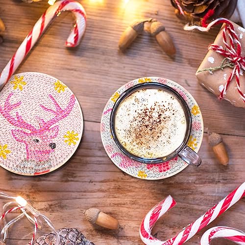 Miniatura 6 de XEFINAL Pinturas artísticas de diamantes rosas de Navidad, posavasos de diamantes rosa, kits de pintura artística de diamantes para adultos,