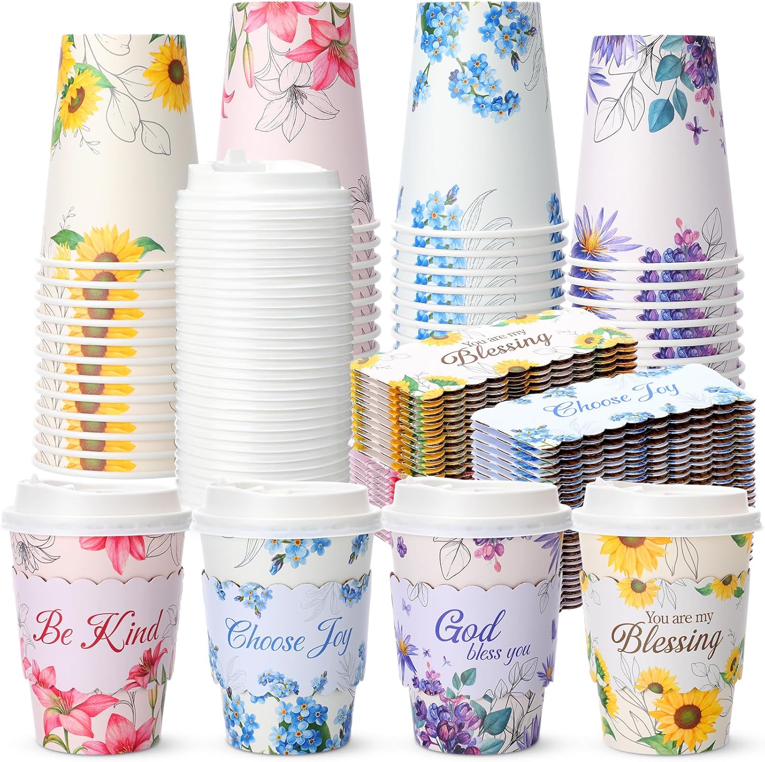 100 Pack Easter Pretty Disposable Floral Coffee Cups with Lids & Sleeves 12 oz Christian Scripture Paper Cups Bible Verse Hot Cold Coffee Drinkware for Home Office Wedding Baby Shower Party
