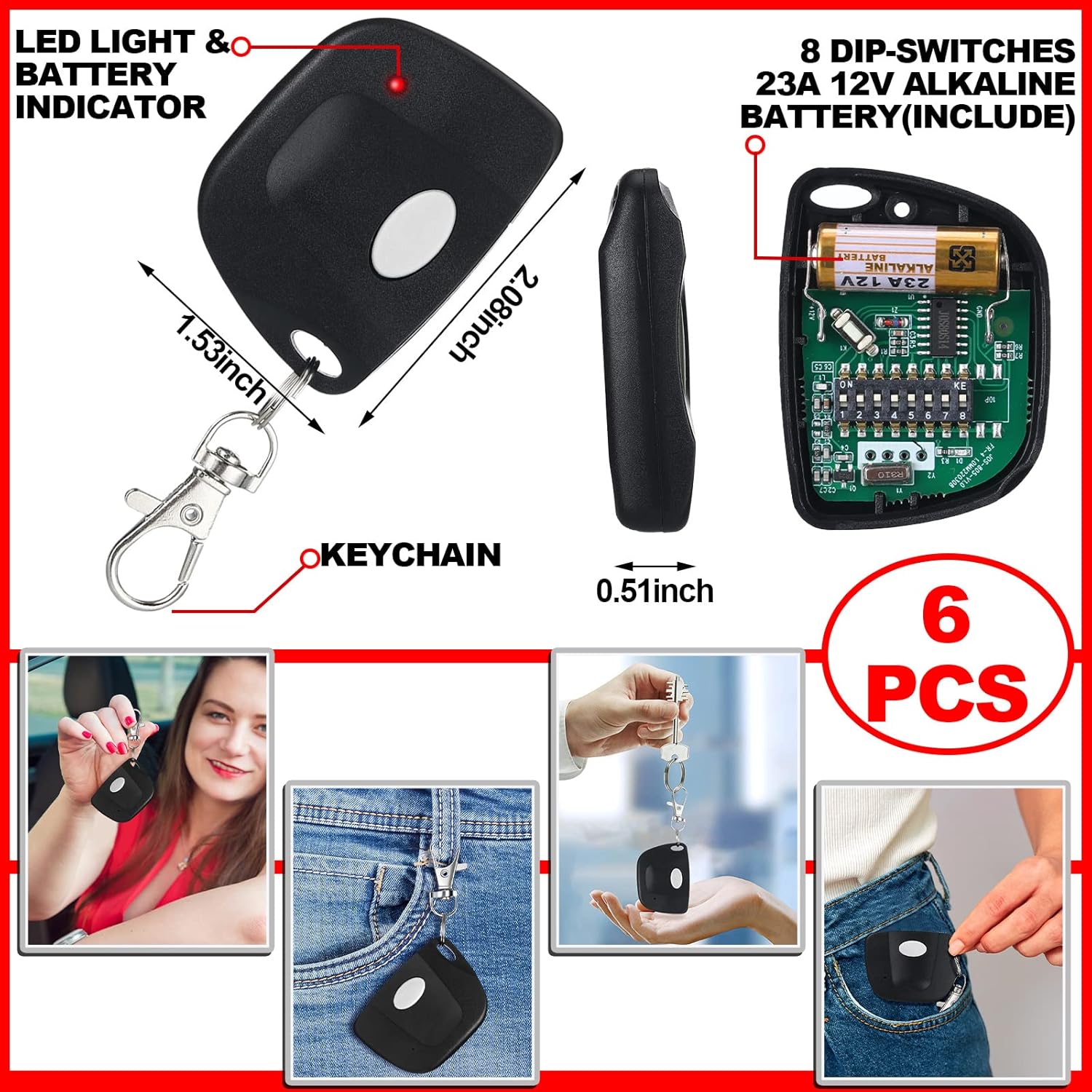 Kingdder 6 Pcs 8 Dip Switch 310mhz Garage Door Remote Compatible with Linear Delta 3 (DT DTA DTD DTC DNT00002A) Gate Opener Remote with Keychain (Black,White Button) 6 Black, White Button