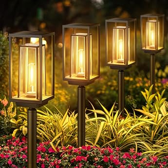 Solar Lights for Outdoor Garden Pack of 4 Modern Garden Solar Lights with Longer Working Time Extremely Bright Solar Garden Lights IP65 Waterproof Solar Garden Decoration for Balcony Patio Outdoor [Energy Class A+++]