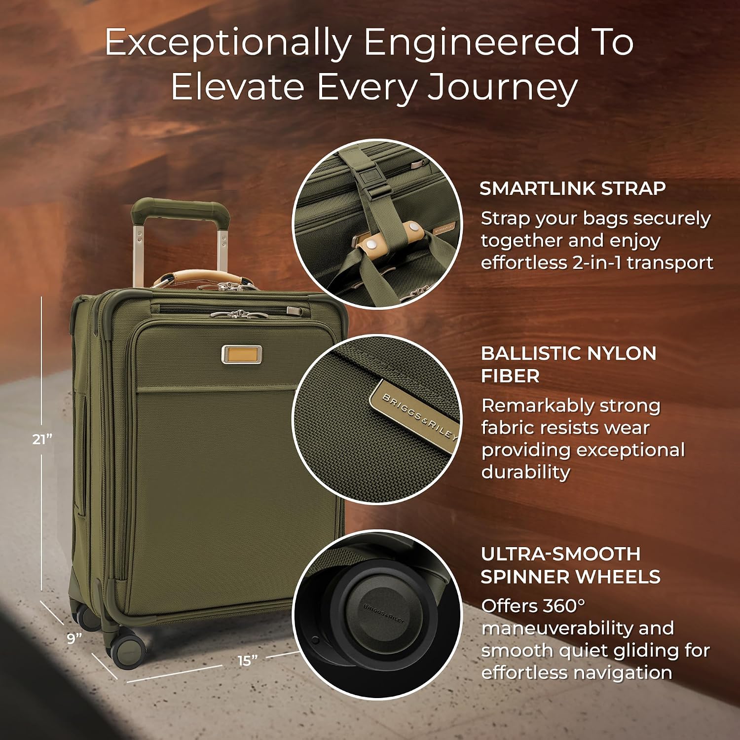 Briggs & Riley 21" Global Carry On Expandable Spinner - Luggage for International Travel, Suitcases with Wheels, Softside Rolling Bag for Men & Women, Self-Repairing Zipper- Baseline Collection, Olive