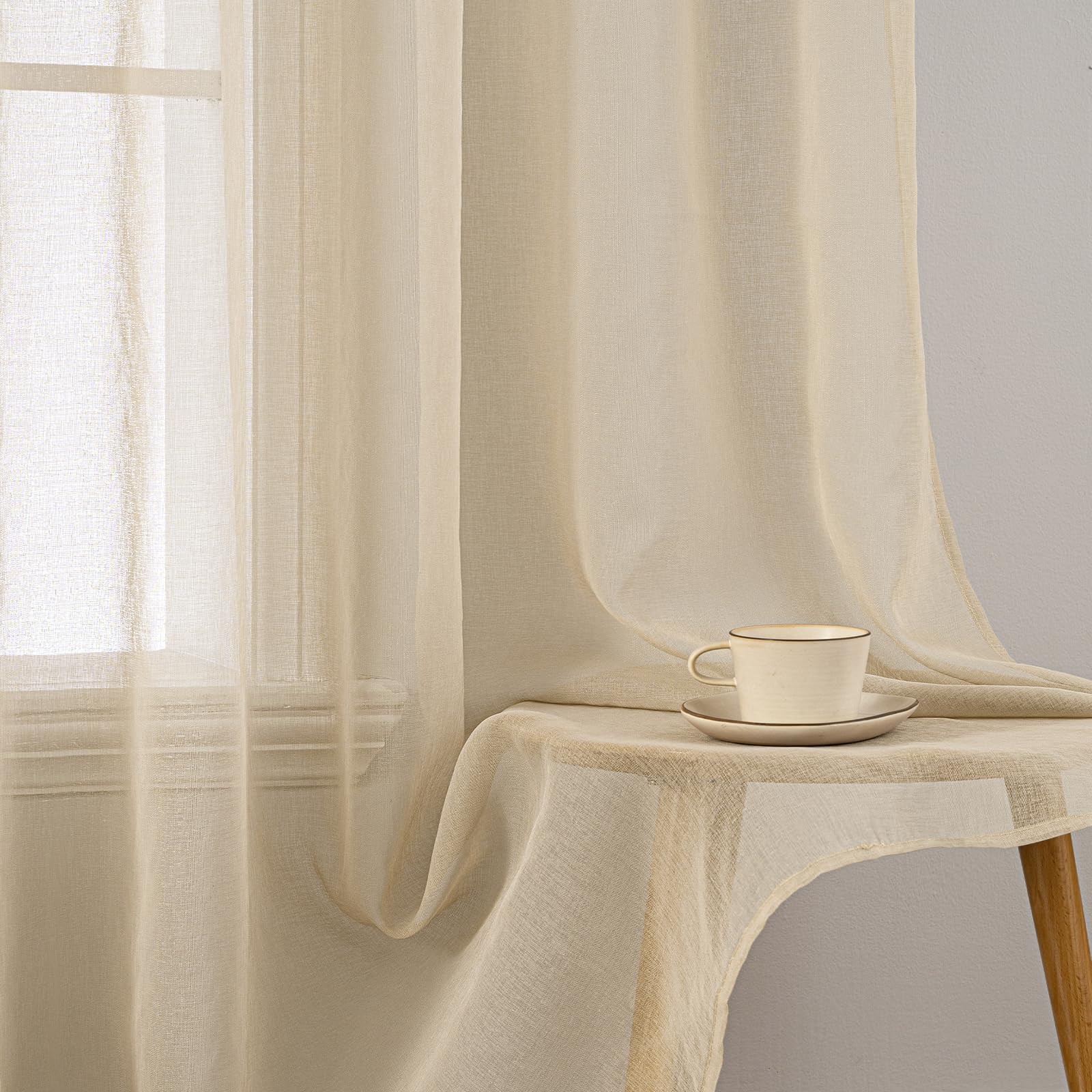 MIULEE Voilage Beige Lot de 2 140x245cm Transparent Galon Fronceur | Voilage Transparent Pour Fenêtre, Rideau Intérieur à Galon Fronceur, Décoration Salon, Chambre et Cuisine