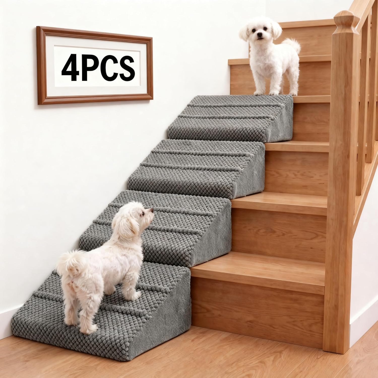 Dog Ramp for Stairs & Dog Ramp for Steps - Non-Slip Independent Foam Stair Pads for Small Dogs & Cats Under 30lbs, Fit Standard Stairs, Washable Cover (Gray, 4-Pack)