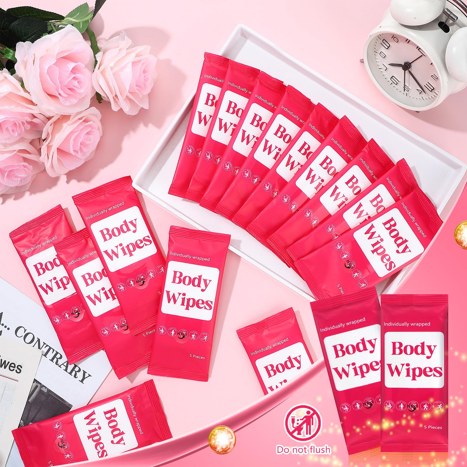 Threlaco 300 Toallitas Corporales (Paquete De 60) Para Adultos, Sin Enjuague, Envueltas Individualmente, Toallitas De Ducha Con Aloe, Toallitas Limpiadoras Corporales Desechables (Fondo Rosa)
