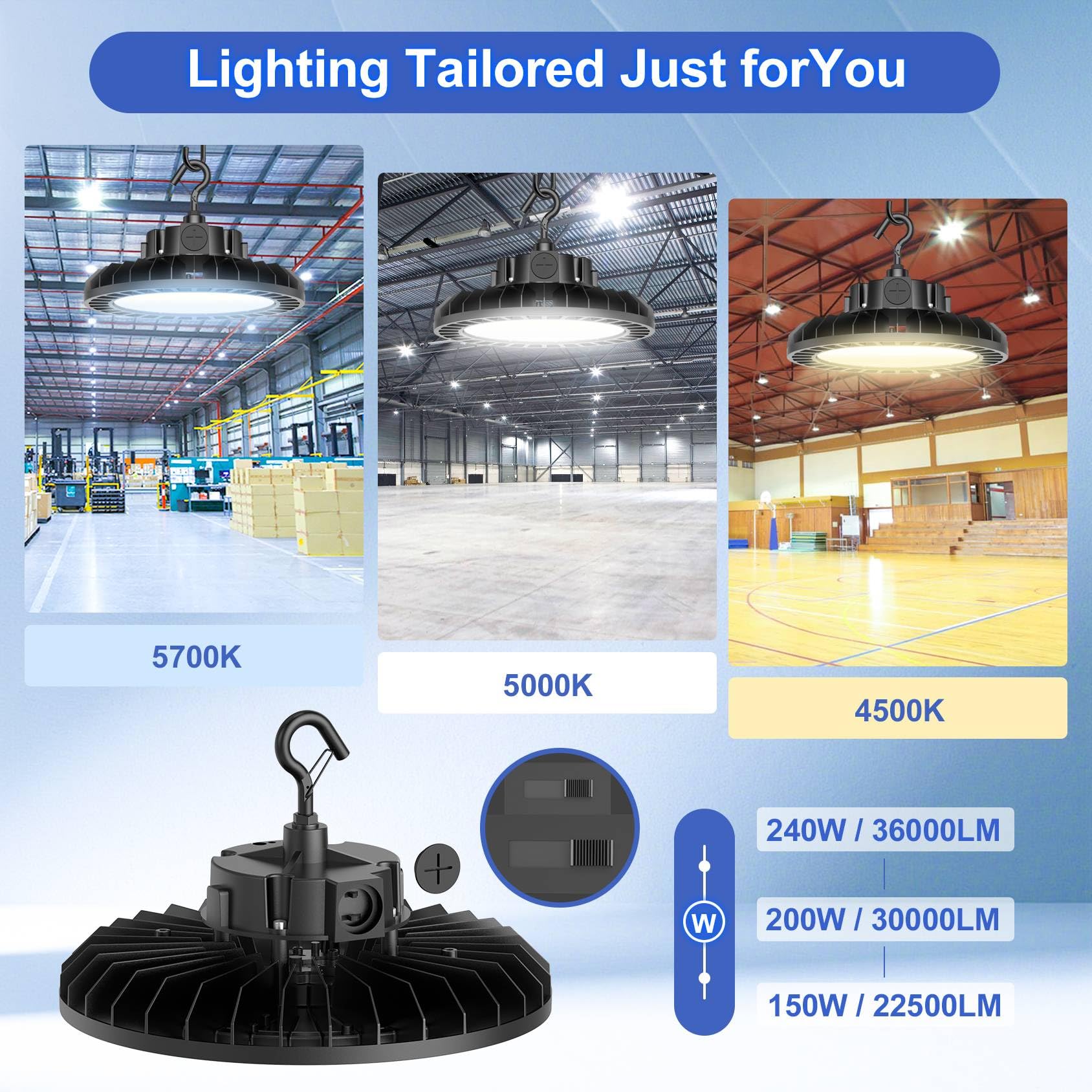 9 Pack LED High Bay Light 240W - 5ft Cable Adjustable CCT 4500K 5000K 5700K Power 240W 200W — view 4