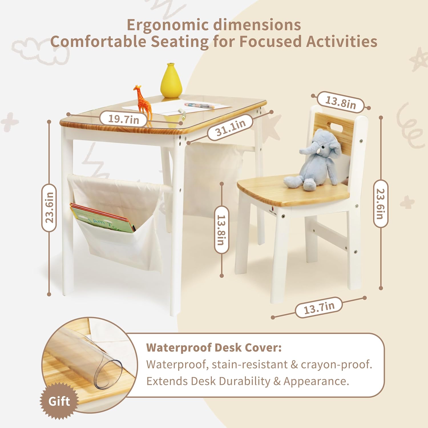 Damoch Family® My First Desk - Montessori Kids Desk & Chair Set (Ages 3-8) - Natural Wood Study Table with Ergonomic Chair, PVC Protector & Storage Bags - Learning Station for Homework, Crafts, Art